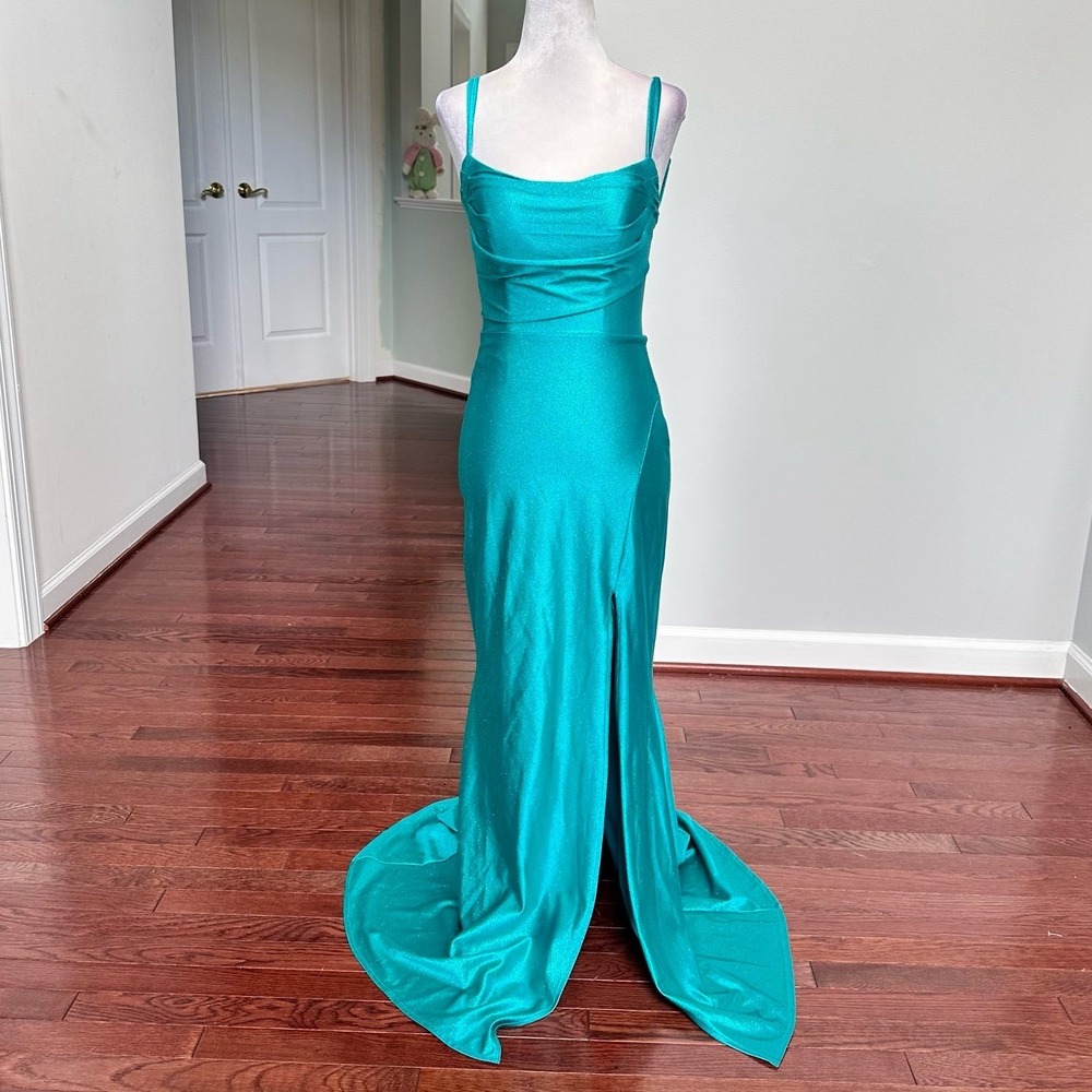 City Studio Teal Green Glitter Open Corset‎ Low Back Ruched Butt Gown Dress